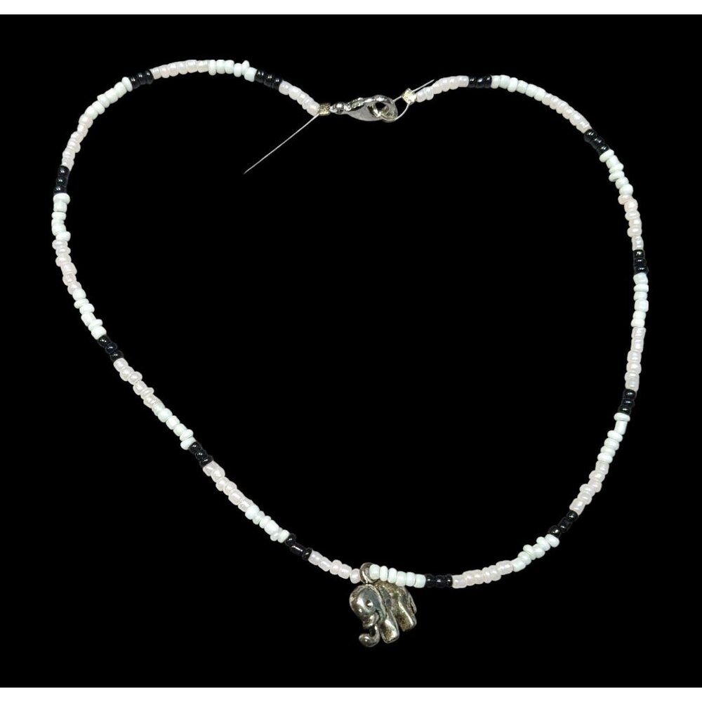 90s Bohemian Black And White Glass Beaded Necklace With Silver Tone Elephant Cha